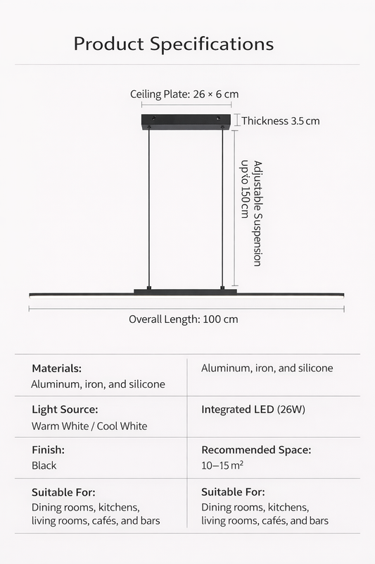 Modern Minimalist Long LED Pendant Light for Dining Room & Kitchen