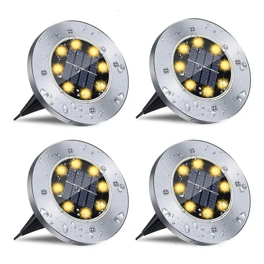 4-Pack Solar Disk Lights – Stainless Steel 8LED Outdoor Ground Lights for Pathways, Gardens & Decks | Waterproof Landscape Lighting