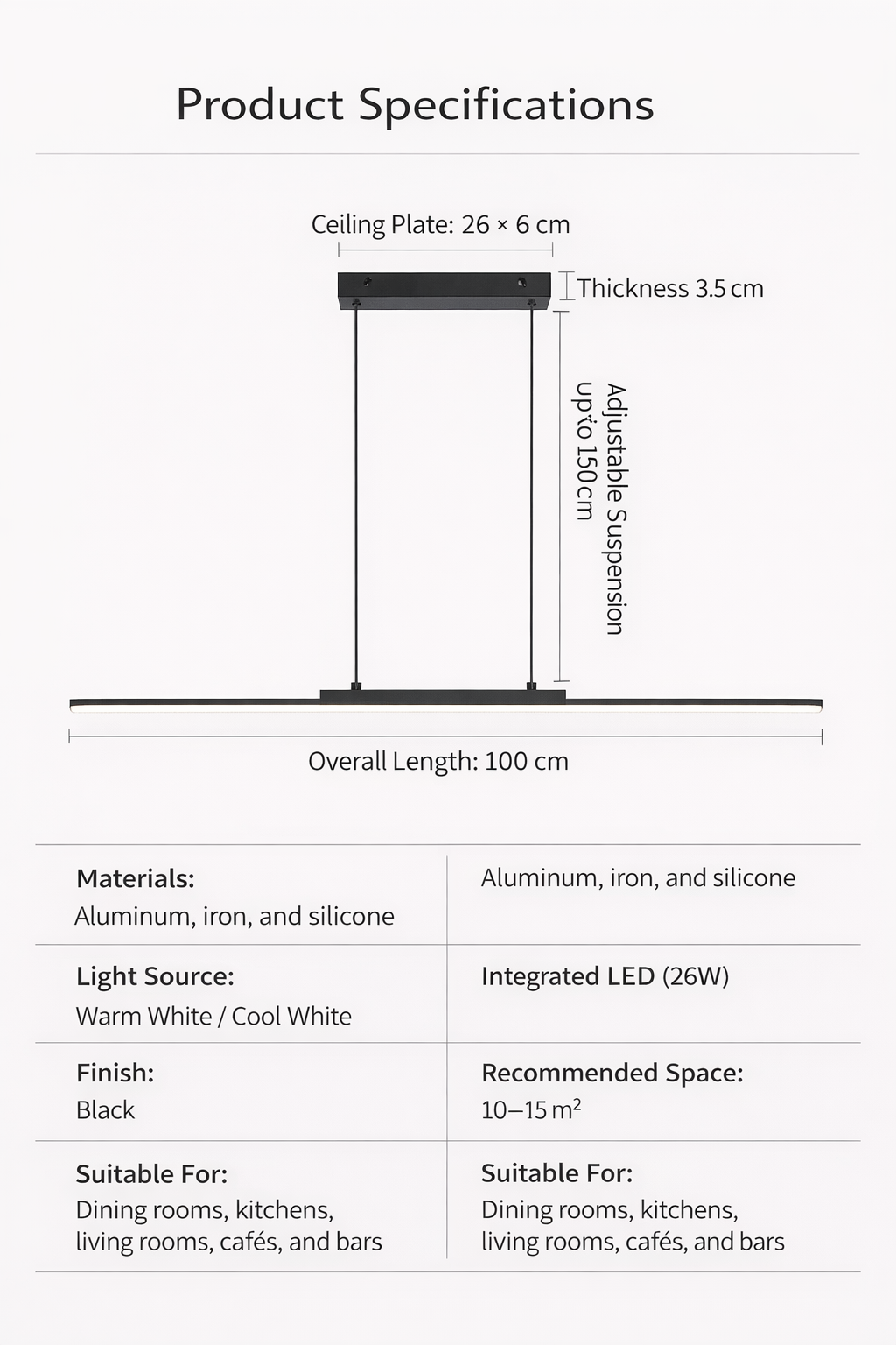 Modern Minimalist Long LED Pendant Light for Dining Room & Kitchen