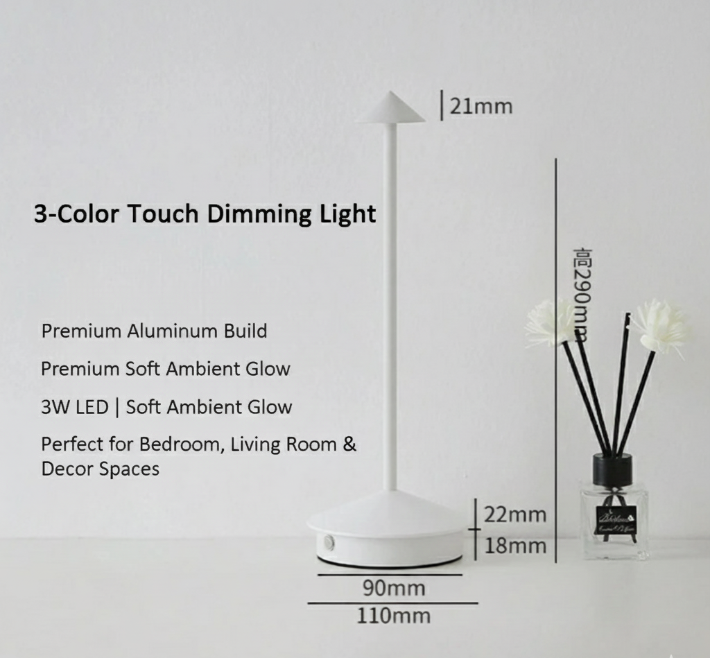 Rechargeable LED Table Lamp with Touch Sensor – 3 Color Temperatures, Stepless Dimming, 360° Lighting for Bedroom, Restaurants & Bars