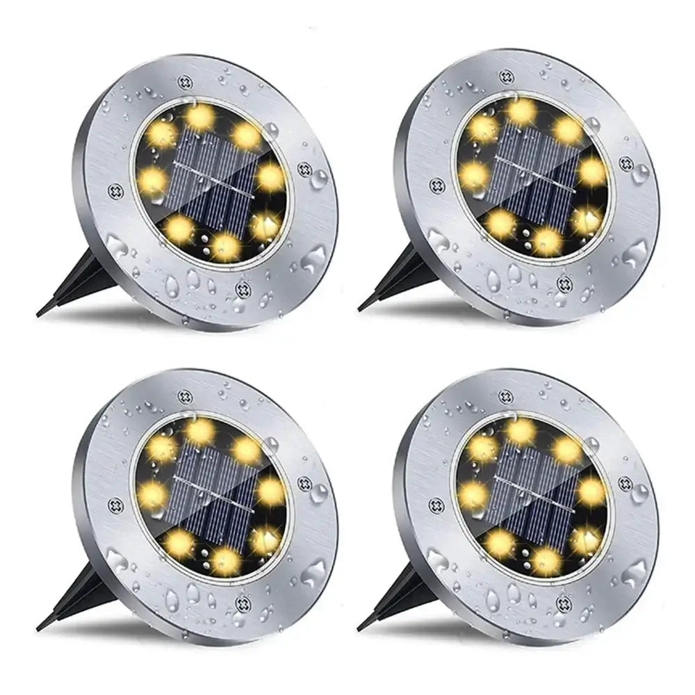 4-Pack Solar Disk Lights – Stainless Steel 8LED Outdoor Ground Lights for Pathways, Gardens & Decks | Waterproof Landscape Lighting